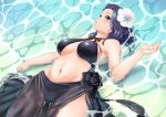  1girl bikini black_bikini breasts flower hair_flower hair_ornament highres june_(ne_z_asa) kantai_collection lying medium_breasts mole mole_under_eye navel parted_lips partially_submerged purple_hair sarong see-through short_hair solo swimsuit tatsuta_(kantai_collection) violet_eyes water 