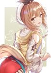  1girl :d ass atelier_(series) atelier_ryza brown_eyes brown_hair eric_(pixiv9123557) eyebrows_visible_through_hair from_behind hat jewelry looking_at_viewer looking_back necklace open_mouth red_shorts reisalin_stout short_hair short_shorts shorts smile solo star teeth upper_teeth white_headwear 