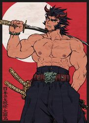  1boy abs bara beard biceps black_hair chest facial_hair fang fighting_stance gesusuzume hand_in_pocket horns katana male_focus moon muscle nipples pectorals red_eyes scar simple_background solo sword takemaru_(tokyo_houkago_summoners) tokyo_houkago_summoners weapon 