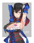 1girl absurdres armpits black_hair bloodstained:_ritual_of_the_night blue_eyes breasts brown_hair detached_sleeves gauntlets gradient_hair hair_between_eyes hair_ornament highres horns looking_at_viewer miriam_(bloodstained) multicolored_hair pale_skin shi_qi_kuang_beng short_hair smile solo stained_glass tattoo 