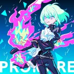  1boy black_gloves black_jacket blue_eyes copyright_name cravat earrings fire fusuma_(nohbrk) gloves half_gloves highres jacket jewelry lio_fotia male_focus outstretched_hand promare solo violet_eyes 