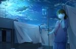  1girl bed_sheet brown_eyes brown_hair clouds fence hand_up highres hospital hospital_gown intravenous_drip laundry mamigo moon night night_sky open_door original rooftop sky solo standing 