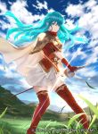  1girl aqua_hair armor bangs blue_eyes blue_sky boots breastplate cape closed_mouth clouds cloudy_sky commentary_request company_connection copyright_name day eirika fire_emblem fire_emblem:_seima_no_kouseki fire_emblem:_the_sacred_stones fire_emblem_cipher gloves grass holding intelligent_systems long_hair looking_at_viewer mayo_(becky2006) nintendo official_art outdoors pleated_skirt red_footwear red_gloves shiny shiny_hair short_sleeves shoulder_armor skirt sky solo standing sword thigh-highs thigh_boots weapon white_skirt zettai_ryouiki 