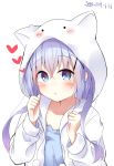  1girl animal_ears animal_hood bangs blue_eyes blue_hair blue_shirt blush collarbone commentary_request dated drawstring dreamusun eyebrows_visible_through_hair fake_animal_ears gochuumon_wa_usagi_desu_ka? hair_between_eyes hair_ornament hands_up heart highres hood hood_up hooded_jacket jacket kafuu_chino long_hair long_sleeves open_clothes open_jacket shirt sidelocks signature simple_background solo white_background white_jacket x_hair_ornament 