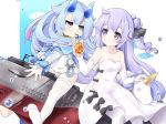  2girls ahoge azur_lane bangs bendy_straw black_bow black_ribbon blue_eyes blue_hair blue_horns blue_sailor_collar blunt_bangs bow collarbone commentary_request cowboy_shot cup detached_sleeves disposable_cup drinking drinking_straw eyebrows_visible_through_hair gudon_(iukhzl) hair_bun hair_flaps hair_ribbon i-13_(azur_lane) long_hair long_sleeves looking_at_another multicolored_hair multiple_girls off_shoulder oni_horns pantyhose purple_hair ribbon ribbon-trimmed_legwear ribbon_trim sailor_collar see-through short_eyebrows side_cutout sidelocks single_thighhigh streaked_hair stuffed_alicorn submarine swimsuit thigh-highs unicorn_(azur_lane) violet_eyes water_drop watercraft white_legwear white_swimsuit 