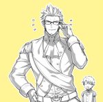  1boy 47_(479992103) adjusting_eyewear beard epaulettes facial_hair fate/grand_order fate_(series) fujimaru_ritsuka_(male) glasses hand_on_hip long_sleeves looking_at_viewer male_focus military military_uniform monochrome napoleon_bonaparte_(fate/grand_order) sash simple_background smile uniform 