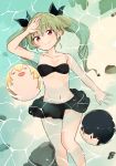  1girl absurdres anchovy ball barashiya bare_shoulders black_hair black_swimsuit blonde_hair blush carpaccio collarbone floating girls_und_panzer green_hair hair_ribbon hand_on_forehead highres leaf long_hair looking_at_viewer navel pepperoni_(girls_und_panzer) red_eyes ribbon smile swimsuit thighs twintails water 