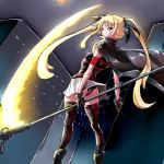  1girl ass bardiche black_leotard blonde_hair cape commentary_request fate_testarossa from_behind gasha_dokurou glowing hair_ribbon highres leotard long_hair looking_at_viewer looking_back lyrical_nanoha magical_girl mahou_shoujo_lyrical_nanoha multiple_girls red_eyes ribbon shiny shiny_hair shiny_skin sketch solo standing thigh-highs twintails very_long_hair 