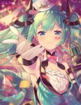  1girl aqua_eyes aqua_hair armpits bare_shoulders blurry blurry_background bow bowtie breasts collar commentary confetti depth_of_field diamond_(shape) dress facial_tattoo frilled_collar frills gloves hair_ornament hat hatsune_miku highres ikari_(aor3507) long_hair looking_at_viewer magical_mirai_(vocaloid) microphone mini_hat mini_top_hat outstretched_hand reaching_out small_breasts smile solo strapless strapless_dress tattoo top_hat twintails twitter_username upper_body very_long_hair vocaloid white_gloves white_headwear 