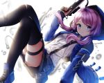  1girl :d arknights arm_strap bangs belt blue_eyes blue_jacket blush breasts collared_shirt grey_shorts gun handgun highres holding holding_gun holding_weapon hood hood_up hooded_jacket jacket long_hair long_sleeves low_twintails open_clothes open_jacket open_mouth purple_hair shirt shorts sidelocks signature small_breasts smile solo thigh-highs thighs trigger_discipline twintails weapon white_shirt wsman 