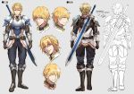  1boy armor armored_boots belt belt_pouch blonde_hair blue_eyes boots breastplate character_sheet commentary ex_albio expressions from_behind full_body gauntlets gloves grey_background kei-suwabe knight male_focus multiple_views nijisanji pants pouch shoulder_armor simple_background sketch smile standing sword two-handed_sword vambraces weapon 