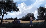  1girl artist_name brown_hair clouds cloudy_sky collarbone dead-robot farm fence grass hair_ornament hand_up naked_overalls original outdoors overall_skirt overalls pitchfork rural scenery short_hair sky solo tractor tree watermark 