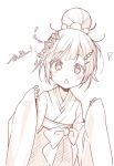  /\/\/\ 1girl bangs blush chestnut_mouth commentary_request copyright_request eyebrows_visible_through_hair hair_bun hair_ornament hairclip hakama japanese_clothes jigatei_(omijin) kimono long_sleeves looking_at_viewer monochrome parted_lips short_hair sidelocks simple_background sleeves_past_wrists solo translated white_background wide_sleeves 