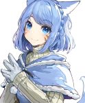  1girl akizone animal_ears blue_eyes blue_hair blush braid cat_ears commentary eyebrows_visible_through_hair facial_mark final_fantasy final_fantasy_xiv fur gloves long_sleeves looking_at_viewer short_hair simple_background sleeves_past_wrists smile solo striped striped_sweater sweater upper_body white_background white_gloves 