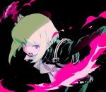  1boy black_jacket cravat earrings fire gloves green_hair jacket jewelry lio_fotia male_focus open_mouth promare serizawa_nae signature solo violet_eyes 