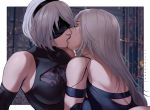  2girls android blindfold closed_eyes dandon_fuga elbow_gloves gloves kiss lips multiple_girls nier_(series) nier_automata robot_joints silver_hair yorha_no._2_type_b yorha_type_a_no._2 yuri 