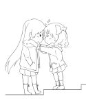  2girls blush bow chibi face-to-face flying_sweatdrops from_side greyscale hair_bow height_difference long_hair long_sleeves looking_at_another monochrome multiple_girls musujime_awaki outstretched_arms pleated_skirt profile scarf shared_scarf shirai_kuroko sketch skirt smile to_aru_majutsu_no_index usamin_(artist) very_long_hair yuri 