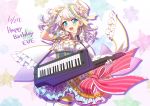  1girl :d arm_up bang_dream! bangs blue_eyes blush bow breasts center_frills commentary_request cowboy_shot dated earrings eyebrows_visible_through_hair frilled_skirt frills gloves hair_bow happy_birthday holding holding_instrument instrument jewelry keytar medium_breasts mizunashi_(second_run) one_side_up open_mouth puffy_short_sleeves puffy_sleeves purple_skirt red_bow shirt short_sleeves skirt smile solo star striped striped_bow thigh-highs tilted_headwear wakamiya_eve white_bow white_gloves white_hair white_headwear white_legwear white_shirt 