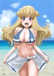  1girl alternate_color beach bikini blonde_hair blue_bikini blue_eyes blue_sky breasts clouds commentary_request cowboy_shot day double_bun fletcher_(kantai_collection) highres horizon kantai_collection large_breasts long_hair looking_at_viewer ocean open_mouth outdoors sarong sarong_lift sky smile solo star star_print swimsuit t2r white_sarong 