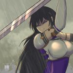  1girl angry armor artist_name ayra_(fire_emblem) black_hair breastplate clouds cloudy_sky commentary dress elbow_gloves english_commentary fire_emblem fire_emblem:_genealogy_of_the_holy_war fire_emblem_heroes gloves highres holding holding_sword holding_weapon ihsnet long_hair purple_dress rain shoulder_armor sky solo spaulders sword upper_body violet_eyes watermark weapon white_gloves 