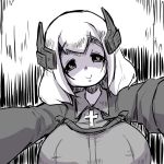  1girl :&gt; azur_lane bangs breasts closed_mouth collared_jacket eyebrows_visible_through_hair greyscale half-closed_eyes head_tilt headgear heart heart-shaped_pupils large_breasts long_sleeves looking_at_viewer monochrome outstretched_arms roon_(azur_lane) smile solo symbol-shaped_pupils u-non_(annon&#039;an) 