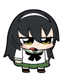  1girl arms_at_sides bangs bkub black_hair black_legwear blush brown_footwear chibi commentary dot_nose full_body girls_und_panzer green_serafuku green_skirt hairband long_hair long_sleeves looking_down ooarai_school_uniform open_mouth pleated_skirt reizei_mako sailor_collar school_uniform serafuku shoes skirt socks solo standing white_hairband white_serafuku yellow_eyes 