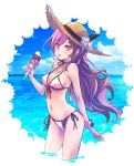  1girl :p bare_shoulders bikini breasts brown_eyes brown_hair flower food hat heterochromia highres ice_cream iesupa jewelry long_hair multicolored_hair navel neapolitan_ice_cream neo_(rwby) ocean pendant pink_eyes pink_hair rwby solo straw_hat streaked_hair swimsuit tongue tongue_out wavy_hair 