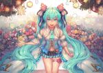  1girl :d absurdly_long_hair absurdres ahoge black_skirt blue_eyes blue_flower blue_hair blue_neckwear blue_skirt bubble detached_sleeves flower hair_between_eyes hatsune_miku highres huge_filesize layered_skirt long_hair looking_at_viewer midriff miniskirt multicolored multicolored_clothes multicolored_skirt navel necktie open_mouth pink_flower pink_rose pleated_skirt raymond_busujima rose shiny shiny_hair short_necktie sitting skirt smile solo stomach thigh_strap very_long_hair vocaloid white_flower white_sleeves yellow_flower 