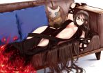  1girl arm_up bangs black-framed_eyewear black_dress black_gloves breasts brown_eyes brown_hair burning commentary_request consort_yu_(fate) couch dress eyebrows_visible_through_hair fate/grand_order fate_(series) fire glasses gloves gurifu long_hair lying medium_breasts on_couch on_side pillow ribbon-trimmed_dress shadow signature solo stuffed_animal stuffed_toy very_long_hair white_background 