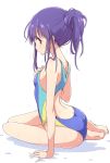  1girl arm_support ass barefoot blue_swimsuit breasts competition_swimsuit from_behind hair_between_eyes hand_on_own_chest highres hinata_yukari looking_at_viewer mel_(melty_pot) one-piece_swimsuit profile purple_hair simple_background sitting small_breasts solo swimsuit violet_eyes white_background yokozuwari yuyushiki 