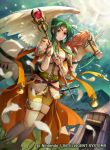  armor belt boots breastplate brown_eyes clouds cloudy_sky commentary_request company_connection copyright_name day elincia_ridell_crimea feathers fire_emblem fire_emblem:_radiant_dawn fire_emblem_cipher green_hair holding horn jewelry konfuzikokon mountain official_art outdoors pants pegasus pegasus_knight shoulder_armor sky staff sunlight sword thigh-highs thigh_boots tiara tied_hair weapon white_footwear wings yellow_pants 