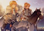  2girls absurdres ahoge armor armored_animal armored_dress artoria_pendragon_(all) bangs blonde_hair blue_dress blue_sky blurry blurry_foreground braid cape closed_mouth clouds cloudy_sky commentary_request depth_of_field dress eyebrows_visible_through_hair fate/apocrypha fate/stay_night fate_(series) fur-trimmed_cape fur_trim gauntlets green_eyes hair_between_eyes headwear_removed helm helmet helmet_removed high_ponytail highres horseback_riding long_hair mordred_(fate) mordred_(fate)_(all) mother_and_daughter multiple_girls outdoors parted_bangs ponytail red_dress riding saber sidelocks sky smile sunset v-shaped_eyebrows white_cape yorukun 