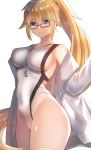  1girl bangs bare_shoulders blush breasts closed_mouth covered_navel fate/grand_order fate_(series) faton glasses hair_between_eyes highleg highleg_swimsuit highres jacket jeanne_d&#039;arc_(fate)_(all) jeanne_d&#039;arc_(swimsuit_archer) large_breasts long_hair looking_at_viewer one-piece_swimsuit open_clothes open_jacket ponytail simple_background smile solo swimsuit very_long_hair whistle whistle_around_neck white_background white_jacket white_swimsuit 