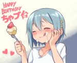  1girl animal_ears blush cat_ears closed_eyes collarbone food fork fruit gloamy hair_between_eyes hand_on_own_cheek happy_birthday heart highres icing licking_lips mahou_shoujo_madoka_magica miki_sayaka shirt short_hair smile solo strawberry tongue tongue_out white_shirt 