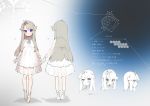  1girl absurdres character_sheet closed_mouth dress eyebrows_visible_through_hair grey_hair herme_(ohisashiburi) highres long_hair looking_at_viewer multiple_views ohisashiburi original see-through sleeveless sleeveless_dress smile standing translation_request white_dress wristband 