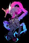  1boy black_background black_gloves black_jacket clenched_teeth cravat dragon fire gloves half_gloves highres jacket lio_fotia male_focus promare short_hair solo teeth tenobe 