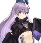  1girl bangs blue_ribbon commentary fate/grand_order fate_(series) flat_chest hair_between_eyes hair_ribbon highres juliet_sleeves long_hair long_sleeves looking_at_viewer meltryllis navel puffy_sleeves purple_hair ribbon simple_background sleeves_past_fingers sleeves_past_wrists smile solo sookmo stomach upper_body very_long_hair very_long_sleeves violet_eyes white_background 