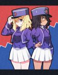  2girls akagashi_hagane andou_(girls_und_panzer) bangs bc_freedom_(emblem) bc_freedom_military_uniform black_hair blonde_hair blue_eyes blue_jacket blue_vest brown_eyes dark_skin emblem girls_und_panzer hand_on_headwear hand_on_hip hat high_collar jacket long_sleeves looking_at_viewer medium_hair messy_hair multiple_girls oshida_(girls_und_panzer) pleated_skirt shako_cap skirt standing thighs vest white_skirt 