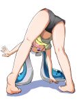  1girl ass bangs barefoot bent_over bike_shorts black_shorts blue_hair blunt_bangs gym_shorts heel_up highres inkling kneepits legs light_blush long_hair looking_at_viewer looking_through_legs open_mouth pointy_ears shadow shirt short_shorts shorts simple_background solo splatoon_(series) standing tentacle_hair toraneko555 violet_eyes white_background yellow_shirt 