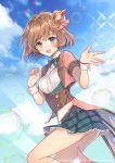  1girl blue_eyes blue_sky blush breasts brown_hair bubble clouds day glint hat laurelfalcon official_art open_mouth outdoors plaid plaid_skirt short_hair short_sleeves sid_story skirt sky small_breasts solo standing tilted_headwear treble_clef_hair_ornament watermark wrist_cuffs 