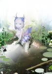  1girl absurdres bare_shoulders breasts cup eyebrows_visible_through_hair flower hair_flower hair_ornament highres leaf lily_pad looking_at_viewer ohisashiburi original partially_submerged pond silver_hair solo teeth water white_skin 