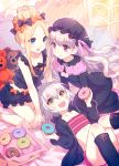  3girls :d abigail_williams_(fate/grand_order) bangs bare_arms bare_shoulders bed_sheet black_bow black_dress black_headwear black_jacket black_legwear black_shirt blonde_hair blue_eyes blush bow closed_mouth commentary_request diagonal_stripes doughnut dress eyebrows_visible_through_hair fate/extra fate/grand_order fate_(series) food frilled_pillow frills green_eyes hair_between_eyes hair_bow hat holding holding_food hood hood_down hooded_jacket jack_the_ripper_(fate/apocrypha) jacket kneehighs long_hair long_sleeves mob_cap multiple_girls nishimura_eri nursery_rhyme_(fate/extra) open_clothes open_jacket open_mouth orange_bow parted_bangs pillow polka_dot polka_dot_bow red_eyes shirt short_shorts shorts sidelocks silver_hair sleeveless sleeveless_shirt smile striped striped_shorts stuffed_animal stuffed_toy teddy_bear very_long_hair 