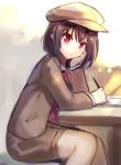  1girl bangs black_hair brown_coat brown_headwear brown_skirt cabbie_hat chin_rest coat commentary_request eyebrows_visible_through_hair feet_out_of_frame forbidden_scrollery fuupu hand_up hat head_tilt highres holding holding_pen long_sleeves looking_at_viewer miniskirt necktie paper pen red_eyes red_neckwear revision shameimaru_aya short_hair sitting sketch skirt smile solo table touhou 