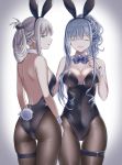  2girls ak-12_(girls_frontline) an-94_(girls_frontline) animal_ears ass bangs black_legwear black_leotard blue_eyes breasts bunny_tail bunnysuit closed_eyes closed_mouth cowboy_shot detached_collar eyebrows_visible_through_hair fake_animal_ears fake_tail folded_ponytail girls_frontline gradient gradient_background hairband highres lemode leotard long_hair looking_at_viewer medium_breasts multiple_girls pantyhose parted_lips rabbit_ears ribbon sidelocks silver_hair simple_background smile tail thigh_strap very_long_hair wavy_hair 