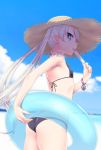  1girl beach bikini black_bikini blue_eyes blue_sky blurry blurry_background breasts clouds covered_nipples cowboy_shot day floating_hair food hat holding holding_food ice_cream innertube long_hair ocean original outdoors popsicle silver_hair sky small_breasts solo soshina_nohito standing straw_hat sun_hat swimsuit tongue tongue_out transparent twintails very_long_hair yellow_headwear 