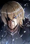  1boy armor artist_name blonde_hair blood blood_on_face blue_eyes dimitri_alexandre_bladud_(fire_emblem) edo-sama eyepatch fire_emblem fire_emblem:_three_houses fur_trim glowing glowing_eyes highres looking_at_viewer male_focus solo sparkle teeth 