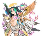  1boy alternate_design alternate_hairstyle arm_up asymmetrical_wings bangs bird_wings blue_eyes burning collarbone commentary_request drawing energy floating floating_object green_hair holding_sketchbook kemono_friends kyururu_(kemono_friends) long_hair multicolored multicolored_eyes multicolored_hair paper serious shirtless simple_background sketchbook solo takane_(lovehatsune) two-tone_hair two_side_up white_background wings 