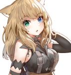  1girl akizone animal_ears bare_shoulders blonde_hair blue_eyes blush breasts cat_ears cat_girl commentary detached_sleeves eyebrows_visible_through_hair final_fantasy final_fantasy_xiv green_eyes hair_between_eyes heterochromia large_breasts long_hair looking_at_viewer open_mouth original simple_background solo upper_body wavy_hair white_background 