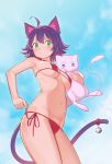  1girl adjusting_clothes adjusting_swimsuit ahoge animal_ears bell bikini blue_sky breasts cat_ears cat_tail commentary contrapposto cowboy_shot day english_commentary from_below from_side green_eyes highres jingle_bell large_breasts looking_at_viewer lowleg lowleg_bikini mew milim_nova_(artist) navel original outdoors parted_lips pokemon purple_hair red_bikini short_hair side-tie_bikini sky solo string_bikini swimsuit tail tail_bell under_boob 