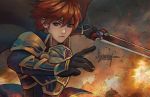  1boy armor blue_eyes cape eliwood_(fire_emblem) fire_emblem fire_emblem:_the_blazing_blade fire_emblem_heroes gloves holding holding_sword holding_weapon kaejunni pauldrons redhead signature solo sword weapon 